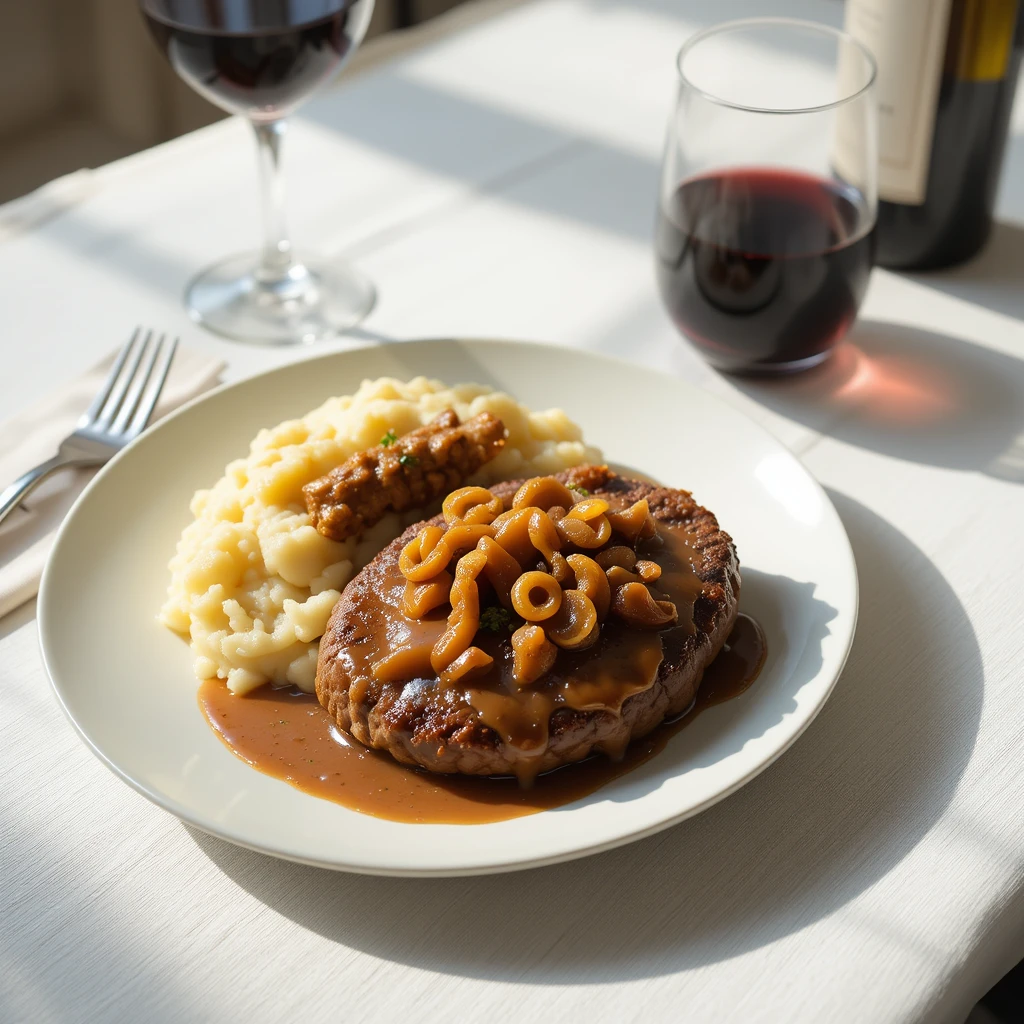 Simple beginner dinner recipe of juicy hamburger steak with onion gravy and mashed potatoes.