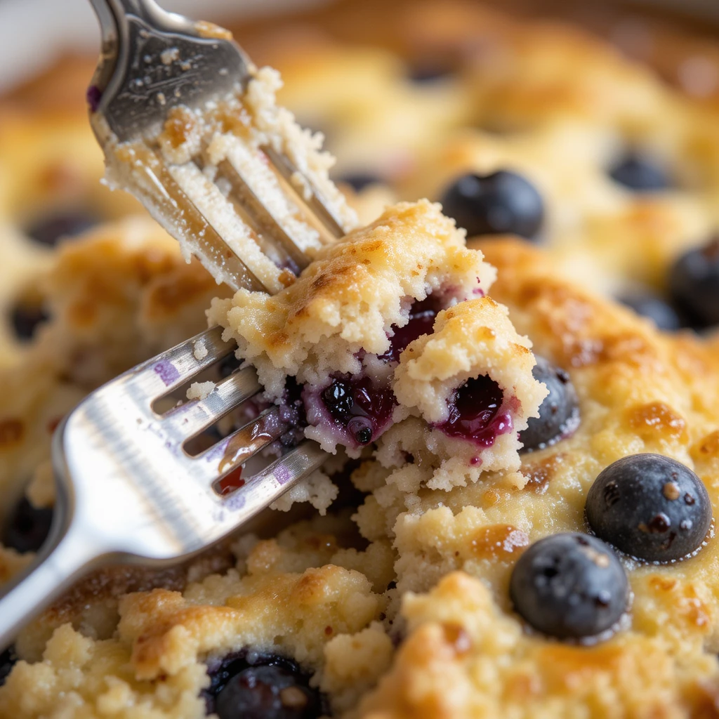 A golden blueberry buttermilk pancake casserole in a rustic dish, photographed with vintage lighting and soft shadows.