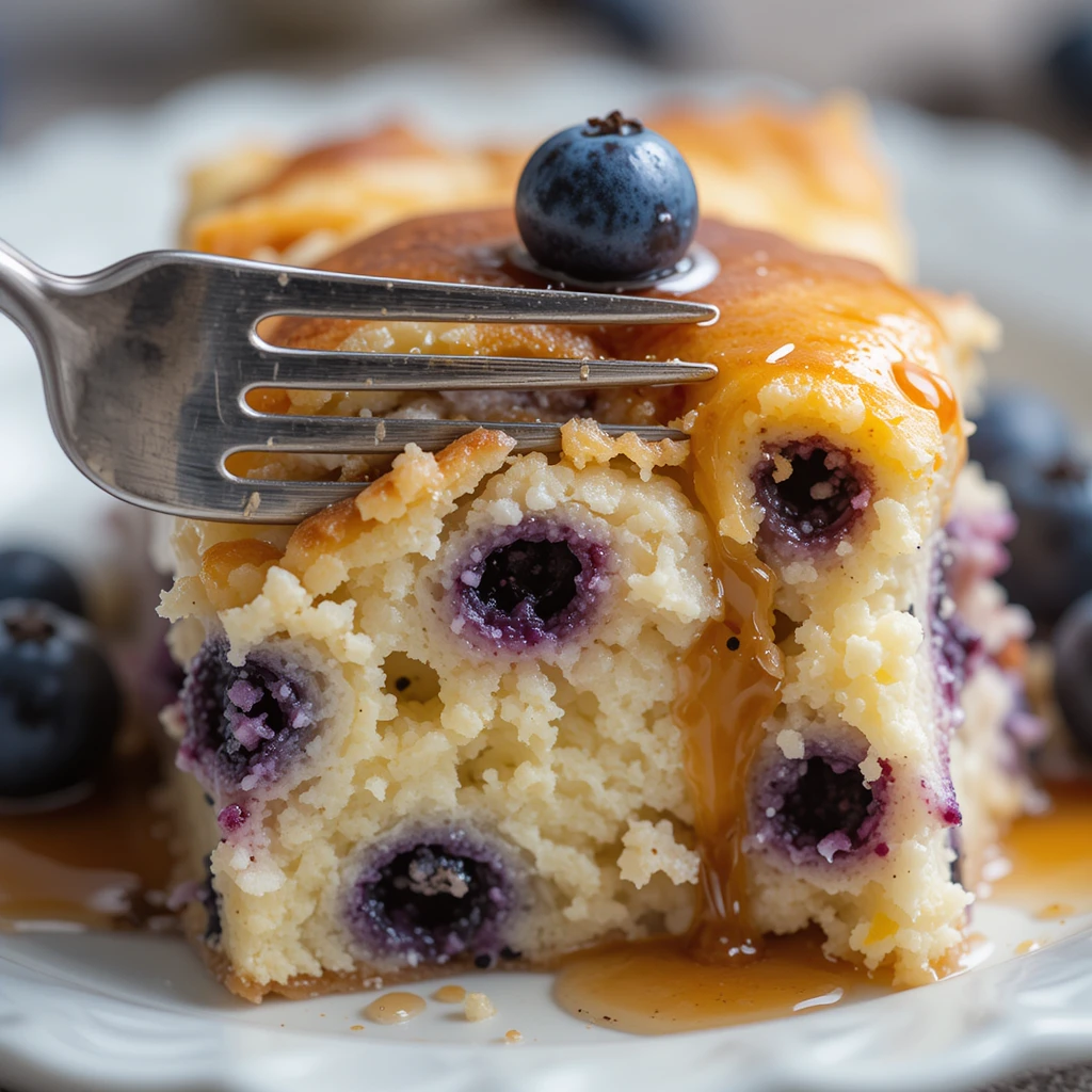 Old-style photo of a sliced blueberry pancake casserole in a ceramic baking dish with scattered blueberries on a warm countertop.
