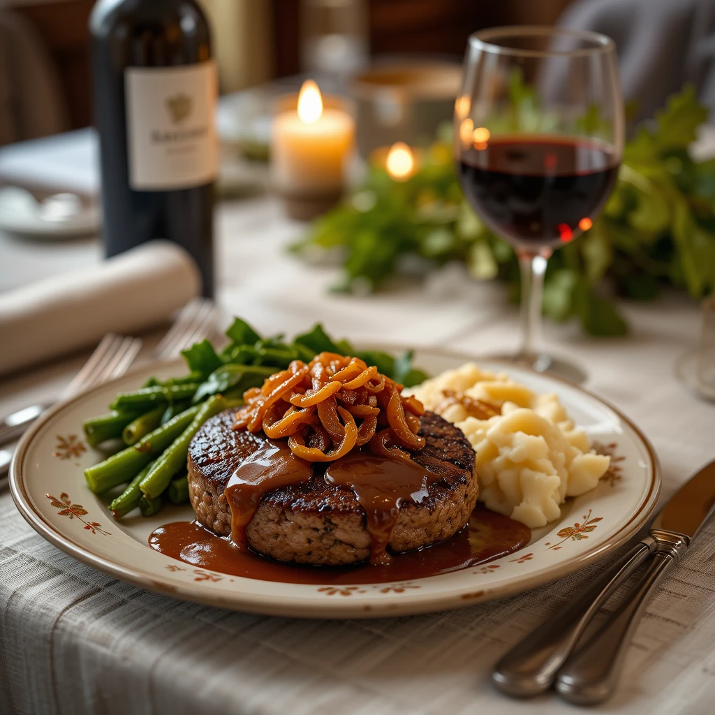 A plate of classic comfort food featuring hearty hamburger steak with rich onion gravy.