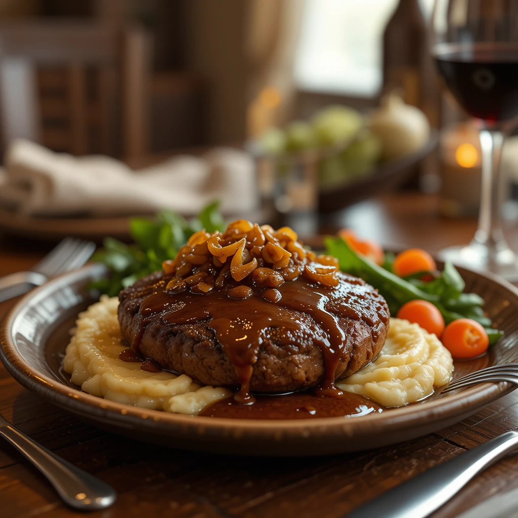 Hearty ground beef dinner served with vegetables and savory gravy on a rustic plate.