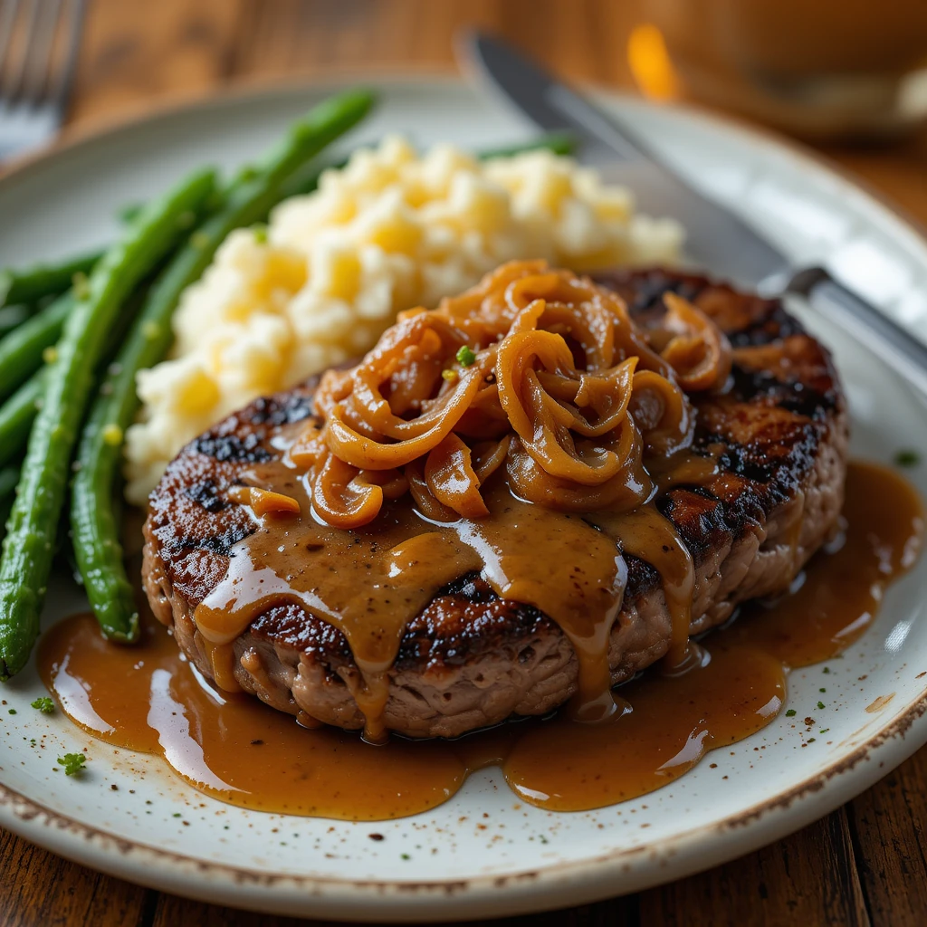 Close-up of a juicy homemade hamburger steak topped with rich onion gravy, served with classic British sides.