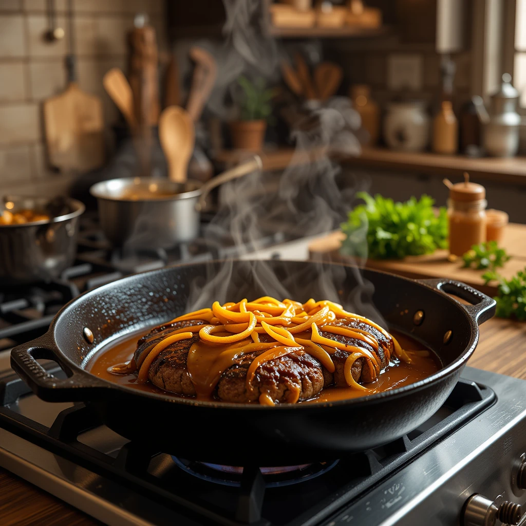 Homemade hamburger steak served with caramelised onions and creamy gravy on a rustic plate.