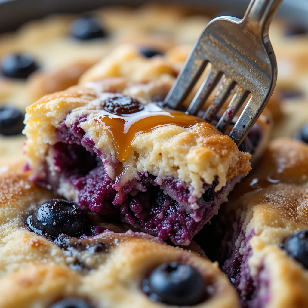 Vintage photo of two slices of blueberry buttermilk pancake bake served on a cream plate beside the full dish.