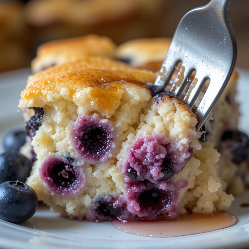 Overhead view of a blueberry-studded pancake casserole with a soft golden crust, styled with retro tones.
