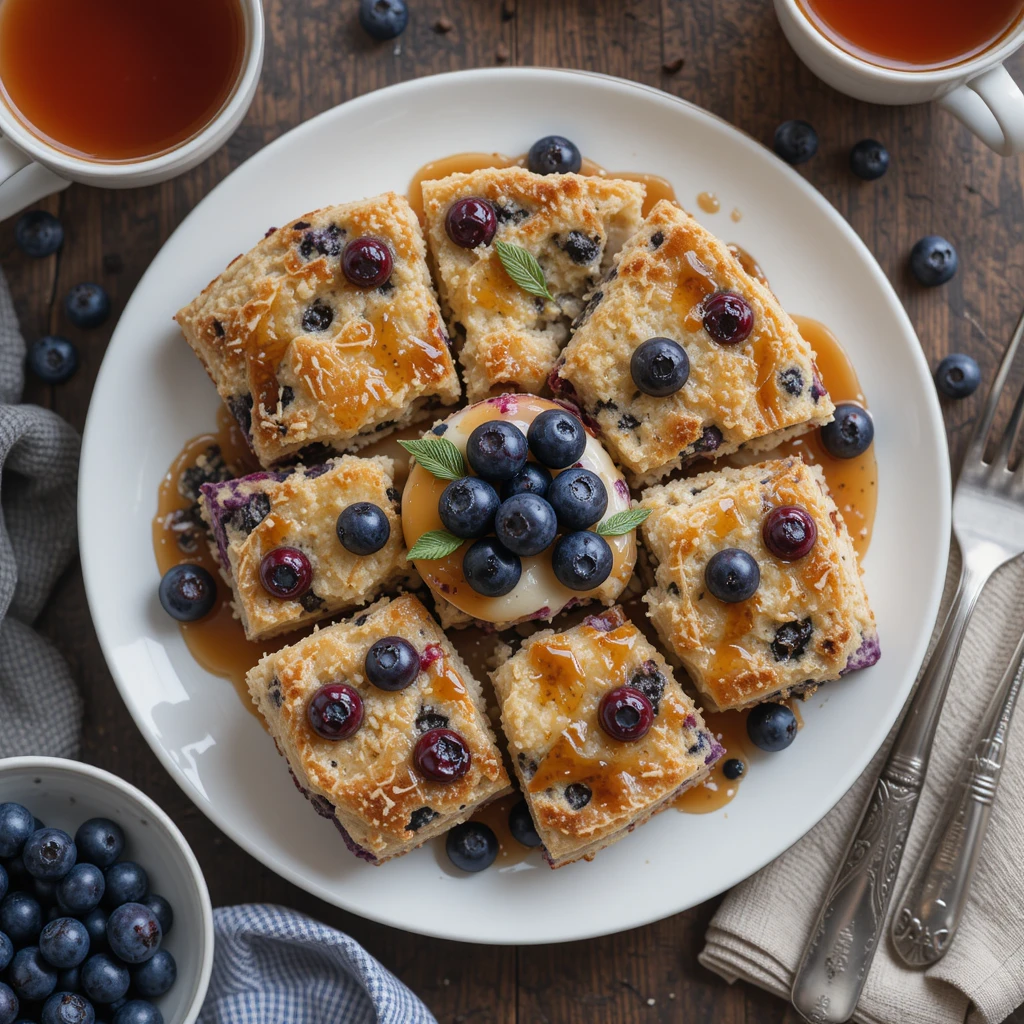 Soft-focused, old-camera photo of homemade blueberry pancake casserole with visible lemon zest and sugar crust.