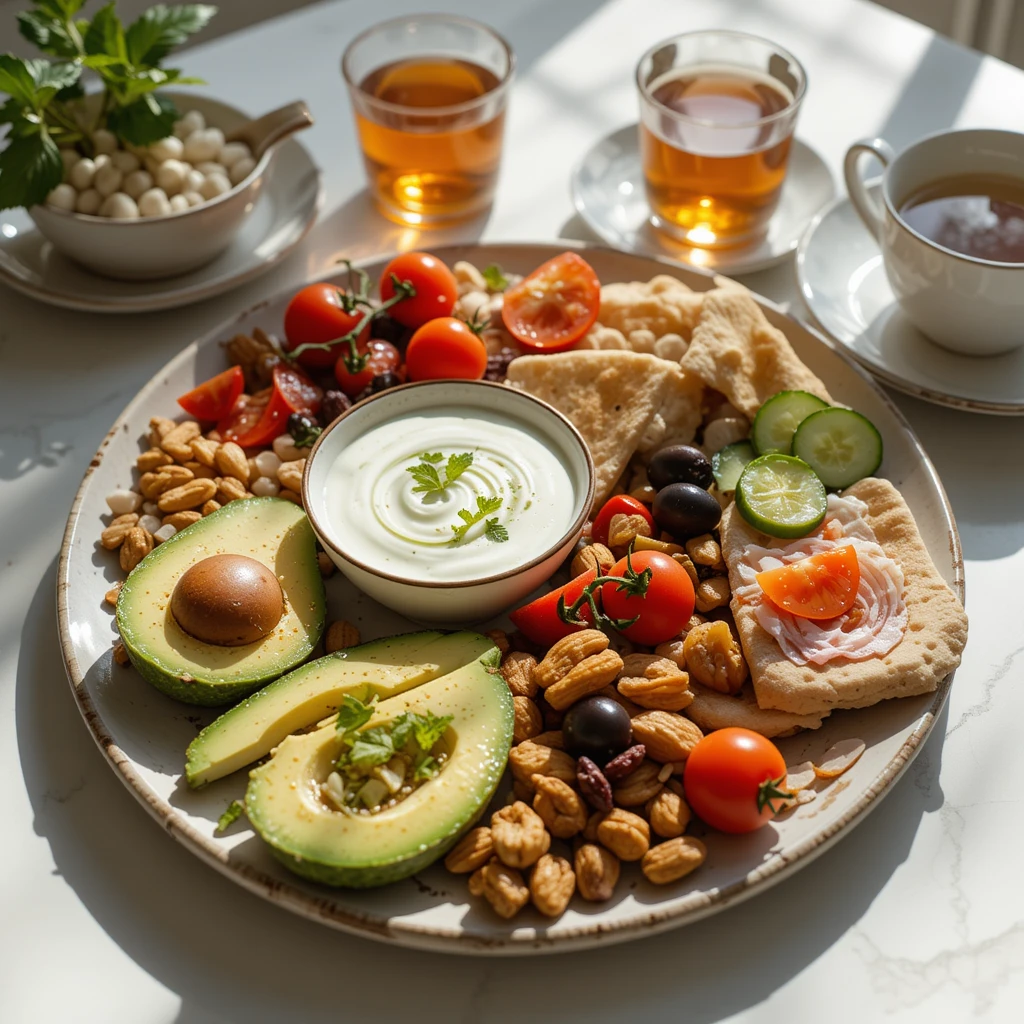 Flat lay of a clean, modern vegan mezze platter on a white marble surface with neatly arranged dips, veggies, and pita.