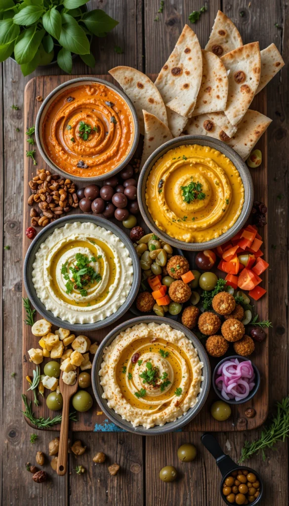 Friends gathered around a rustic table sharing a vegan mezze platter with candles and wine in a cosy dinner setting.