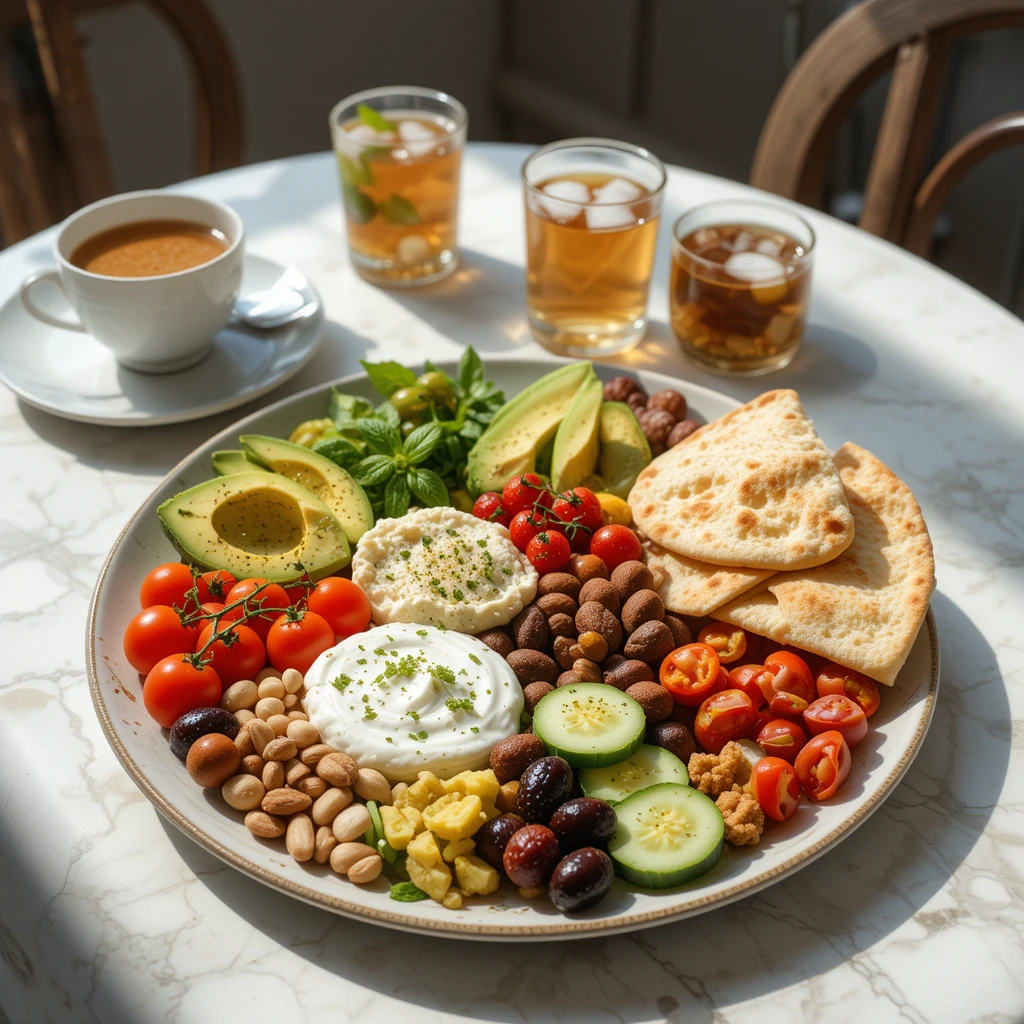 Overhead view of a colourful vegan mezze platter with hummus, falafel, olives, pita, and grilled vegetables on a wooden board.
